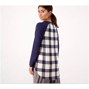AnyBody Cozy Knit Navy Buffalo Plaid Back Raglan Long Sleeve Tunic Top XXS